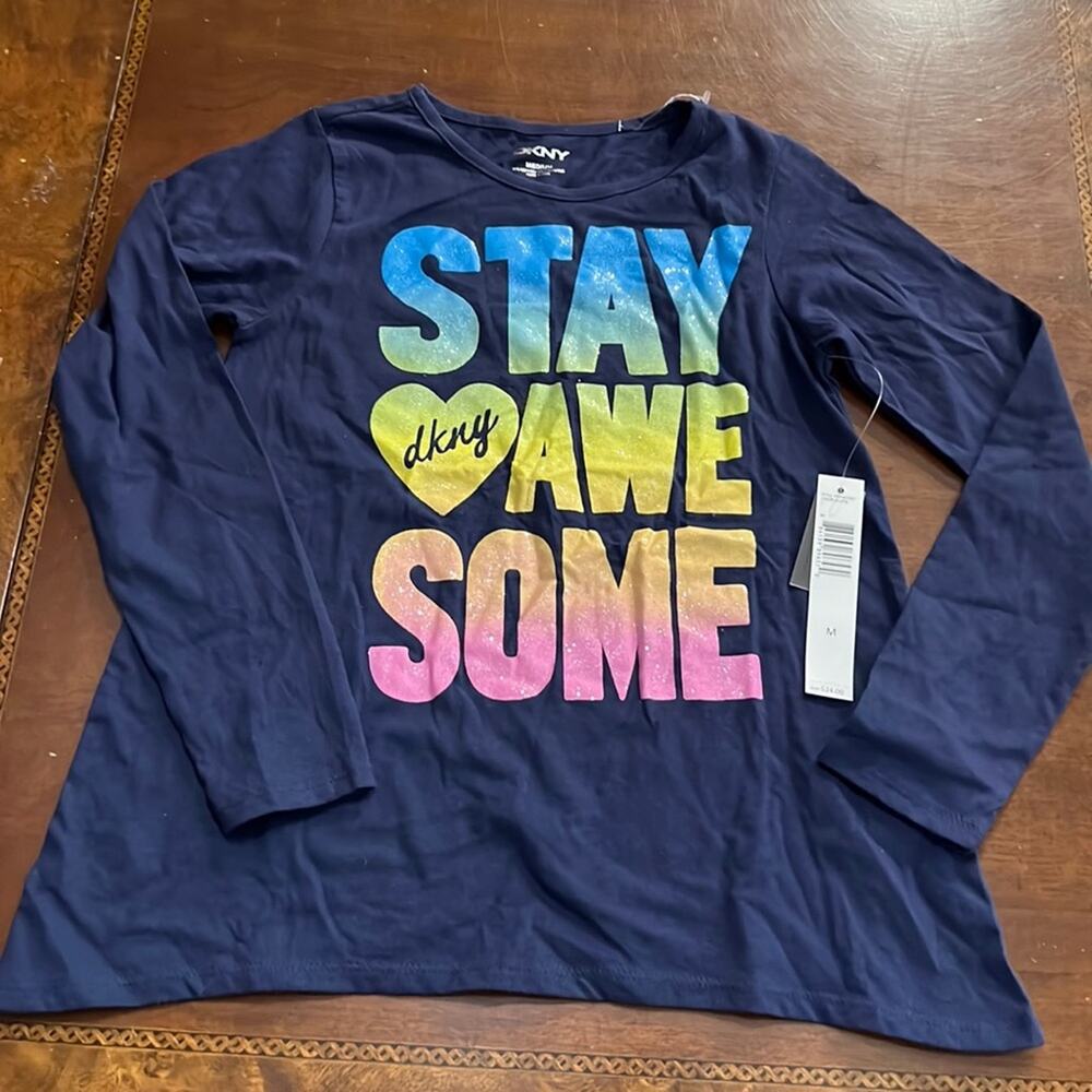 DKNY Stay Awesome Girls M Navy Blue Long Sleeve Shirt NWT